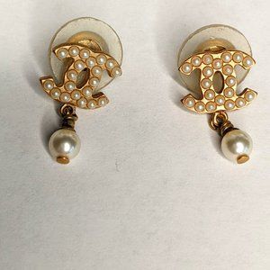 Vintage Chanel Logo Gold Plated Pearl Drop Earrings